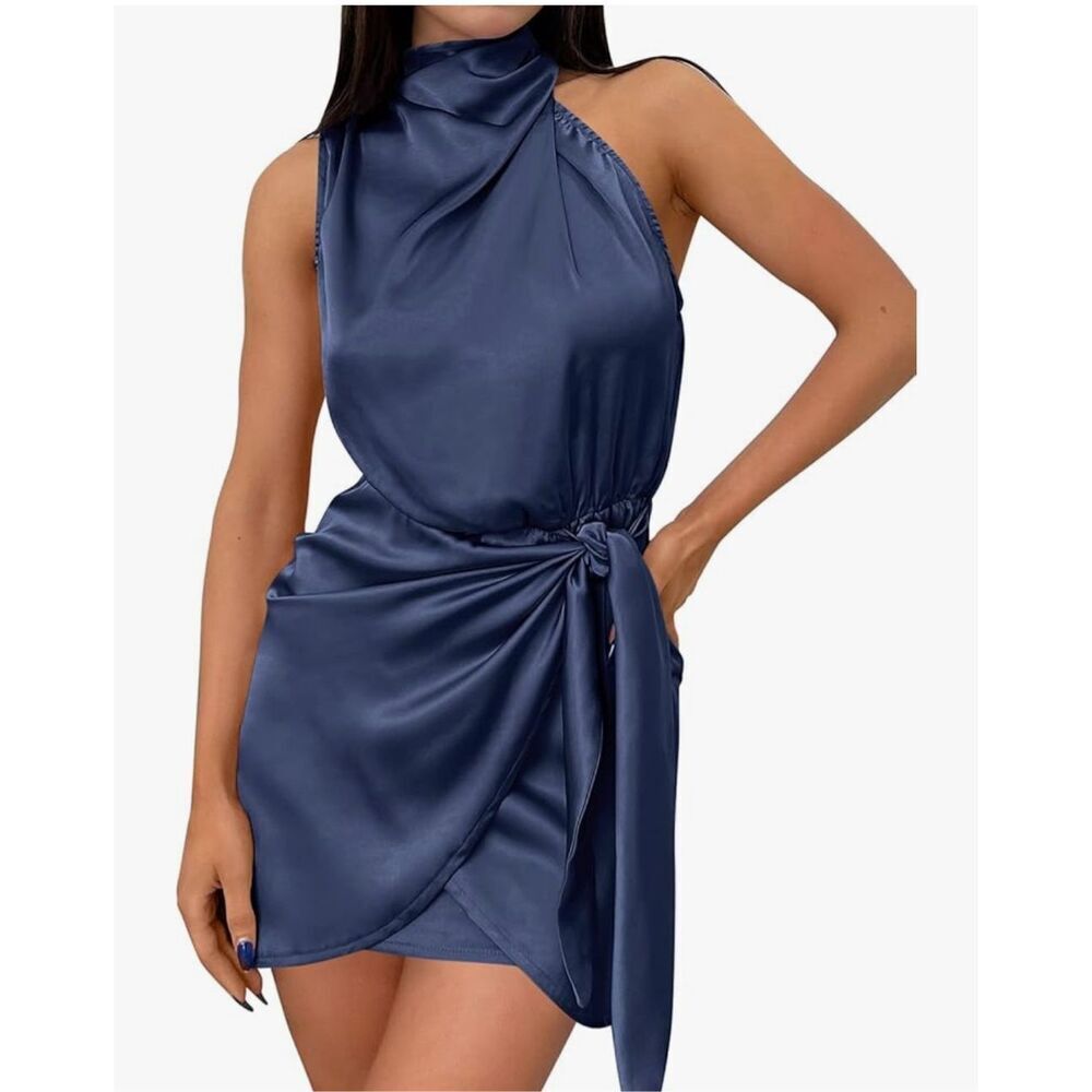 NEW Satin Sleeveless Halter Neck Tie Waist Wrap Bodycon Mini Dress M